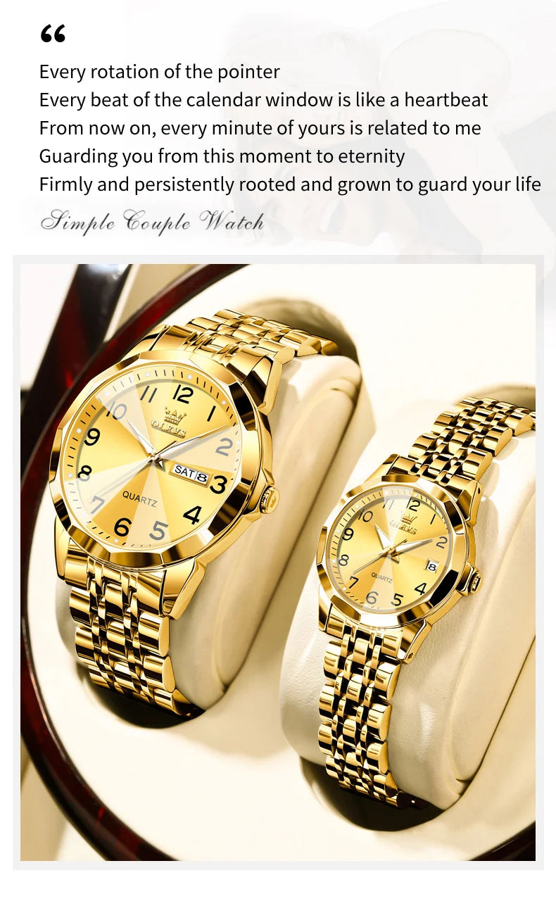 OLEVS 9970 Couple Watch For Men Women Luxury Number Dial Rhombus Mirror Quartz Hand Clock Stainless Steel Original Dress Watches
