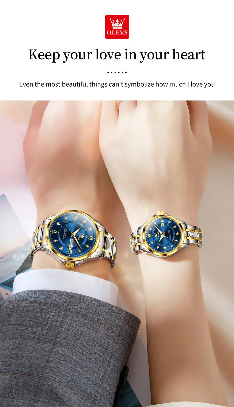 OLEVS 2906 Fashion Date Quartz Couple Watches Diamond Top Brand Luxury Watch For Men Women Waterproof Stainless Steel Wristwatch