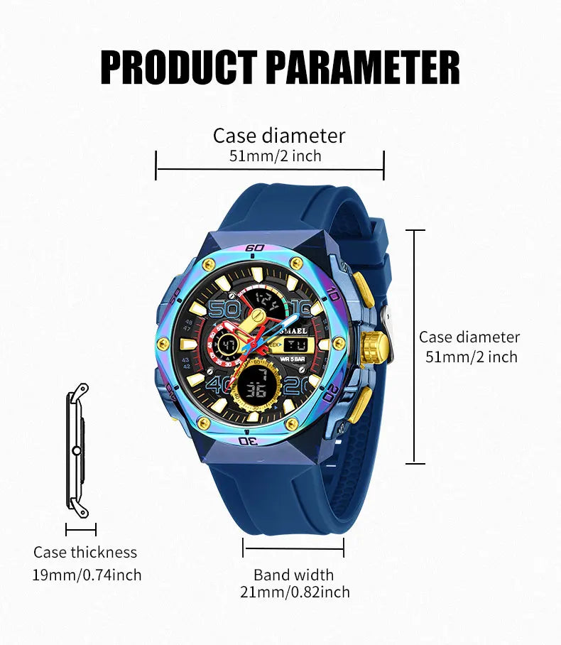 SMAEL Men's Sport Digital LED Watch Dual Time Stopwatch Alarm Clock 50M Waterproof 8113 Wristwatch Sports Army Military Watches