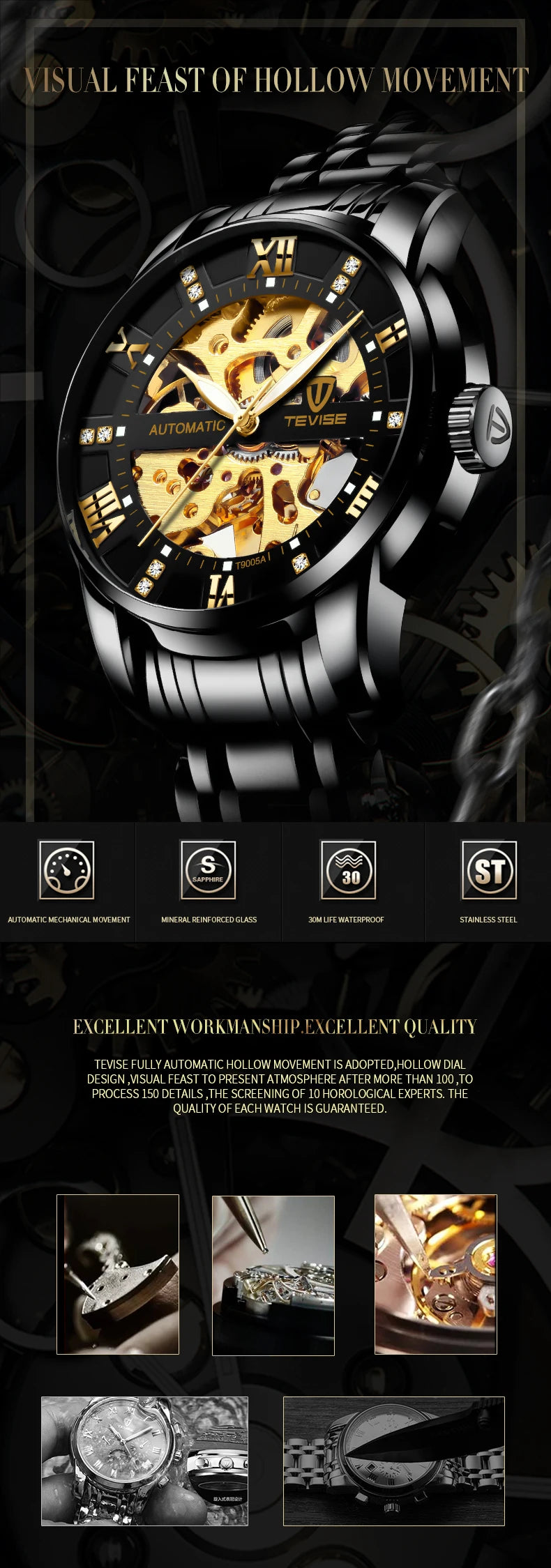TEVISE  Men Automatic Mechanical Wrist Watch Luxury Brand Stainless Steel Mens Watch Fashion Skeleton Watches