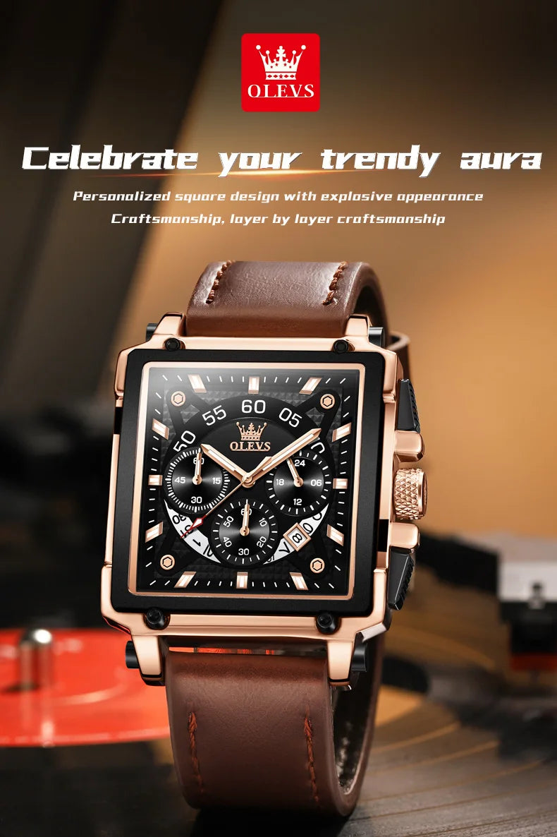 OLEVS Mens Watch Square Quartz Watch Multifunctional Business Watches For Man Waterproof Luminous Box Gift Leather Strap 9919