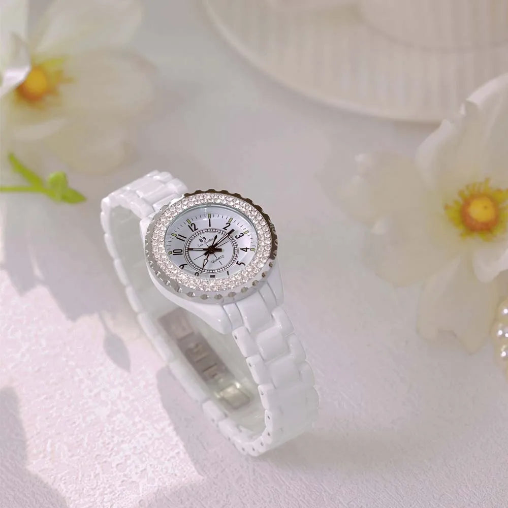 New Fashion Women Quartz Watch Ceramic Strap Clock Silver Diamond Wristwatch for Girl Student Relogio Feminino Dress Gifts