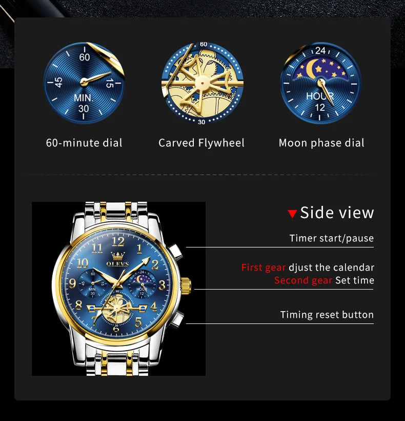 OLEVS 2900 Mens Watch Original Stainless Steel Watches For Men Calendar Moon Phase Quartz Watch Chronograph Freebie Reloj