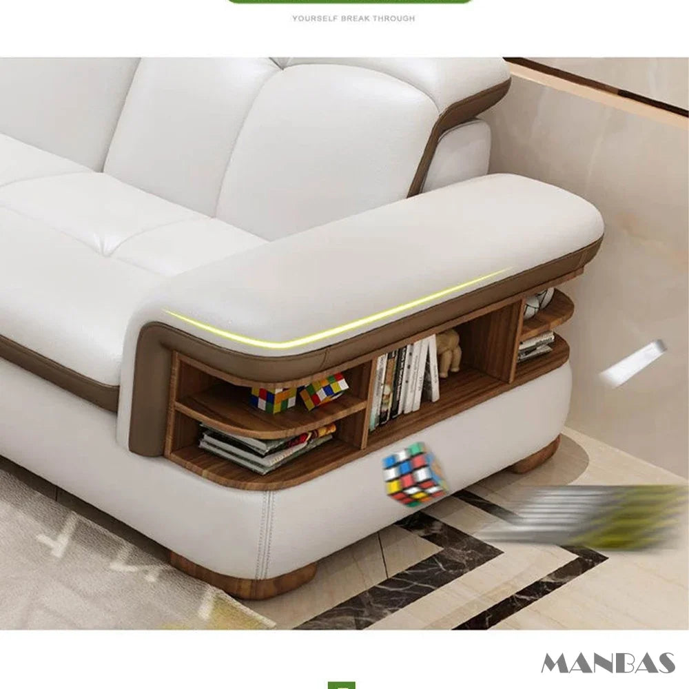 MANBAS Luxury L-Shaped Genuine Leather Sectional Sofa Sets with USB, Bluetooth Speaker - Living Room Italian Leather Couches