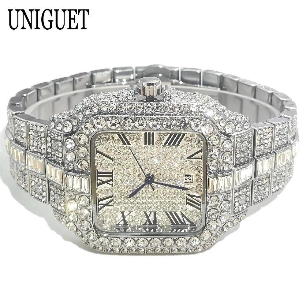 UNIGUET Fashion Watch For Men Luxury Rose Square Iced Out Quartz Watch Man Hip Hop Full Diamond Jewelry Wristwatch Reloj HombreU