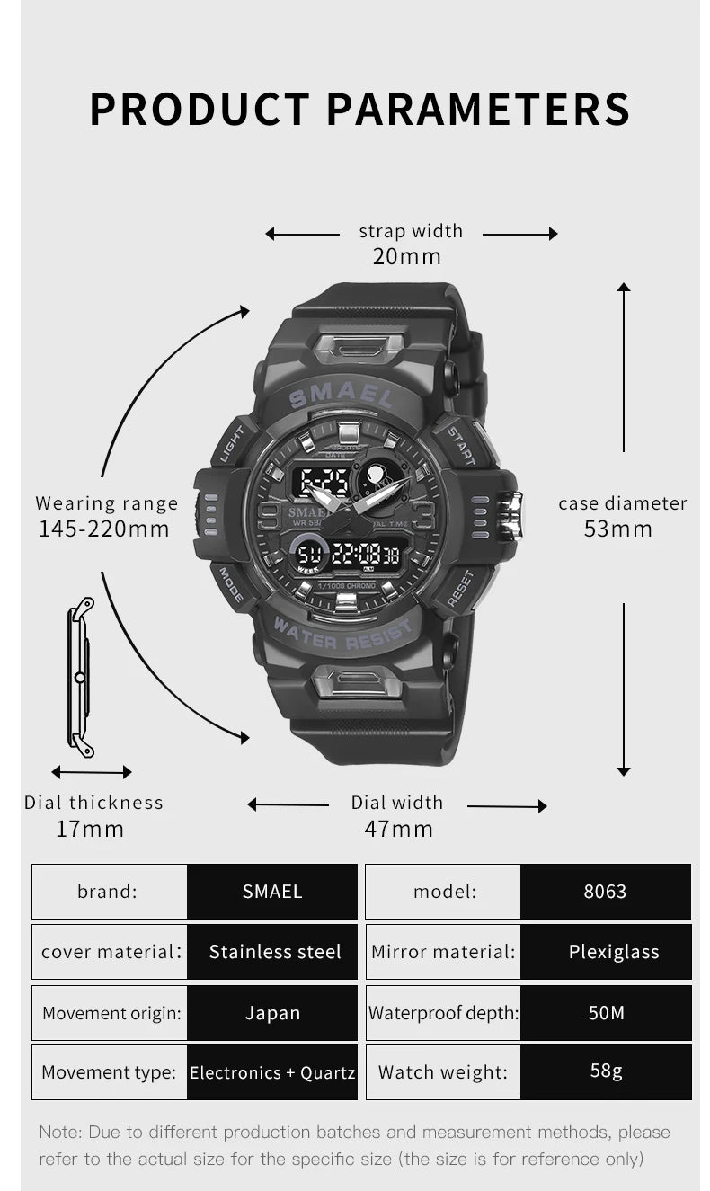 SMAEL Sport Watches Digital Watch LED 50m Waterproof Military Wristwatch Male Clocks 8063 Mens Watches  Stopwatches Alarm Clock
