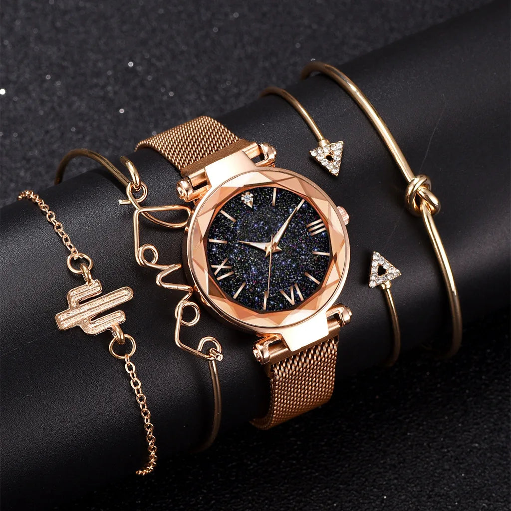 5pcs Set Womens Watches Set Ladies Fashion Watch Black Female New Simple Casual Womens Analog WristWatch Bracelet Gift No Box