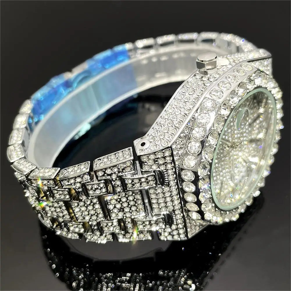 UNIGUET Cool Black Watch For Men Luxury Stainless Steel Quartz Watches Fashion Hip Hop Iced Diamond Wristwatch Man Dropshipping