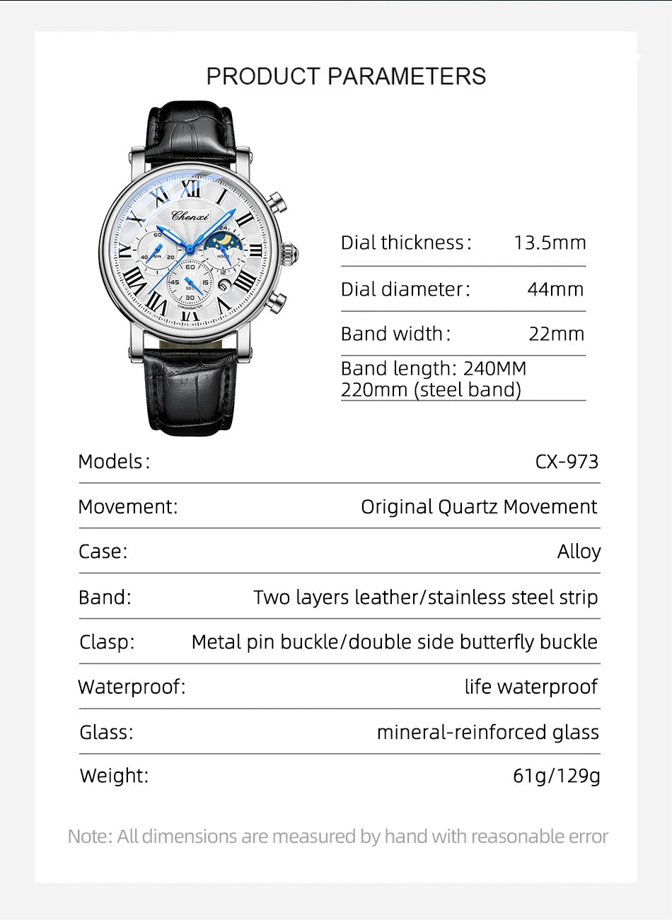 CHENXI Multifunction Men's Watches Business Roman Numerals Leather Strap Quartz Man Watch Chronograph Moon Phase Calendar