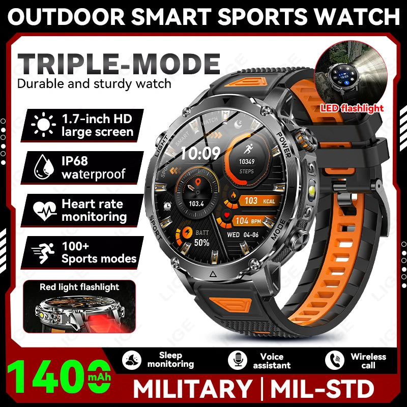 LIGE 2026 Military 1400mAh Battery Smart Watch Men Outdoor Flashlight IP68 Waterproof Heart Rate Bluetooth Call Sports Bracelet