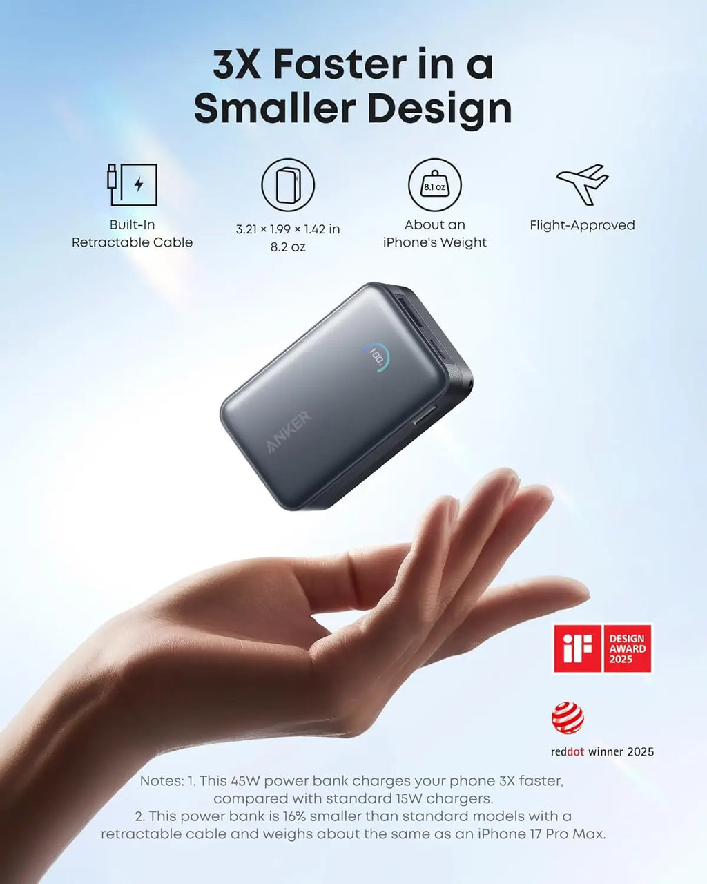 Anker Nano Portable Charger, 45W 10000mAh with 2.3 ft Retractable Cable, Compact Power Bank, Travel Essential Phone Battery