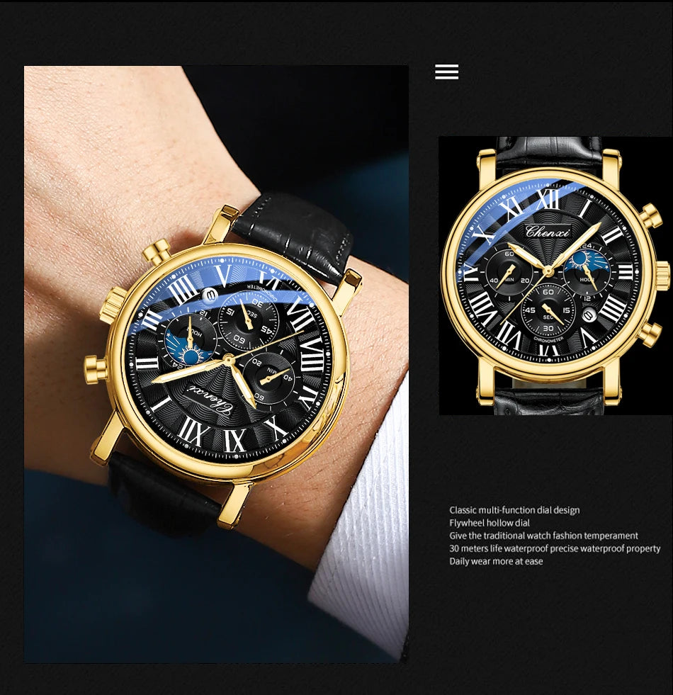 CHENXI Multifunction Men's Watches Business Roman Numerals Leather Strap Quartz Man Watch Chronograph Moon Phase Calendar