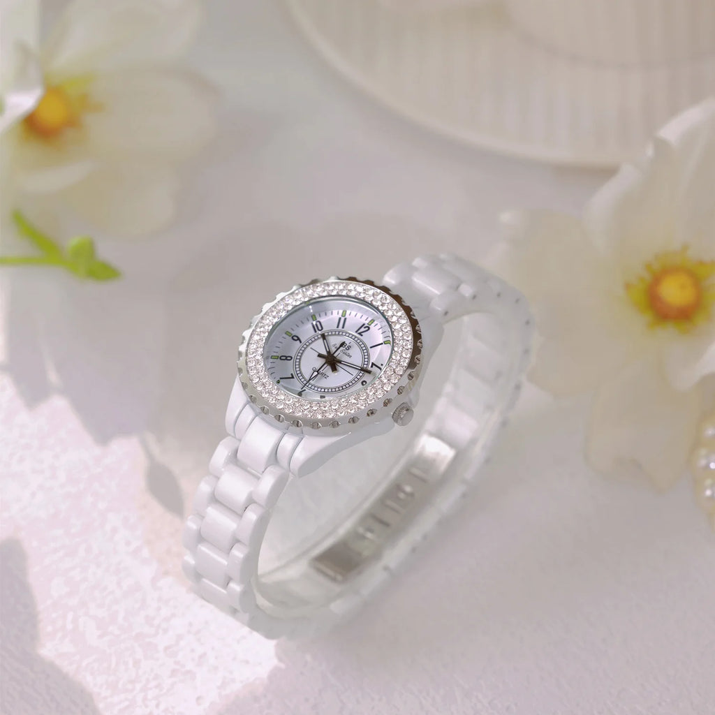 New Fashion Women Quartz Watch Ceramic Strap Clock Silver Diamond Wristwatch for Girl Student Relogio Feminino Dress Gifts