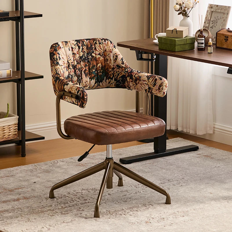 Brown Leather & Patterned Fabric Office Chair, Wheeled Adjustable Swivel Chair, Retro Style Home Office Desk Chair with Armrests