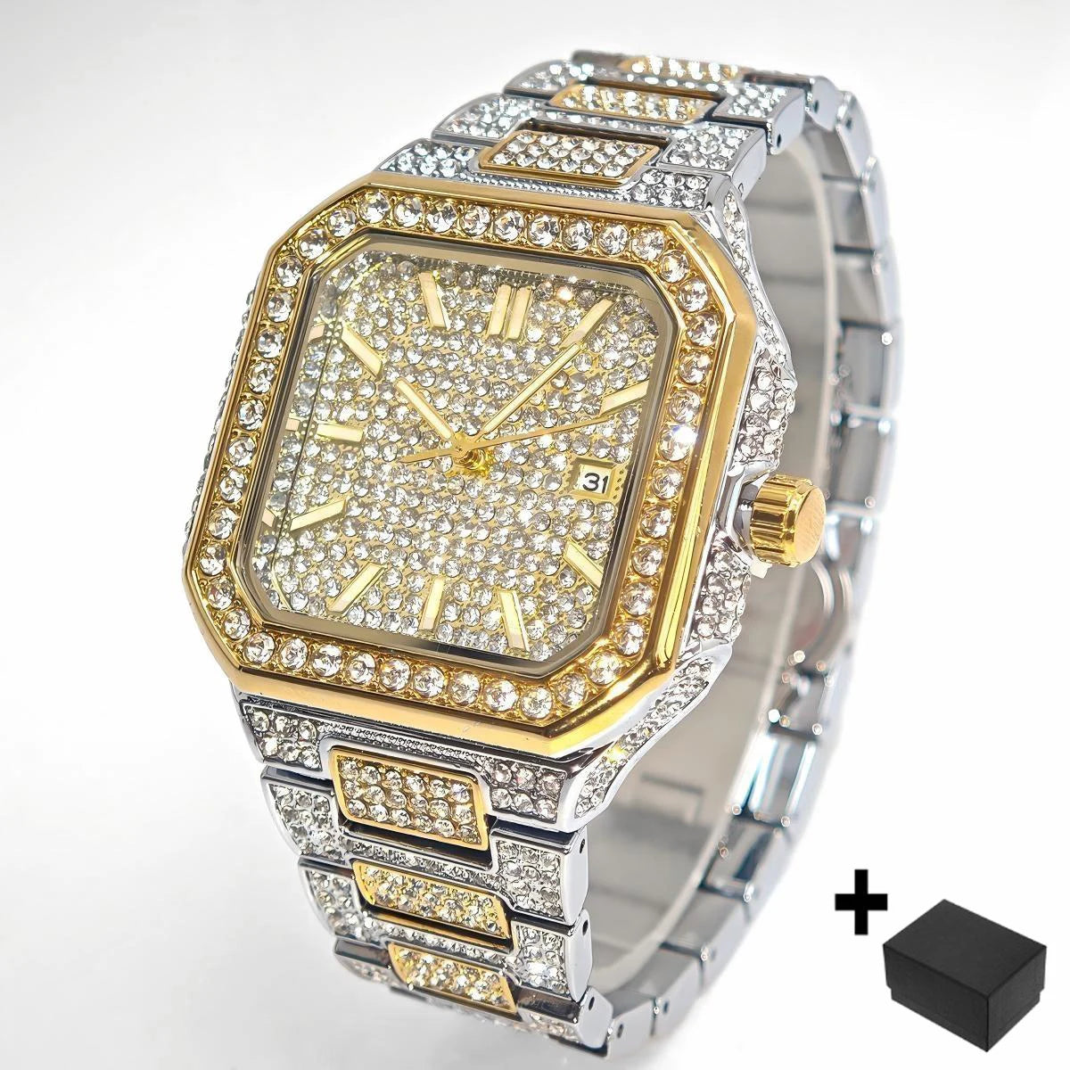 2025 New Black Iced Watch For Men Brand UNIGUET Fashion Waterproof Quartz Watch Man Hip Hop Diamond Jewelry Square Wristwatch