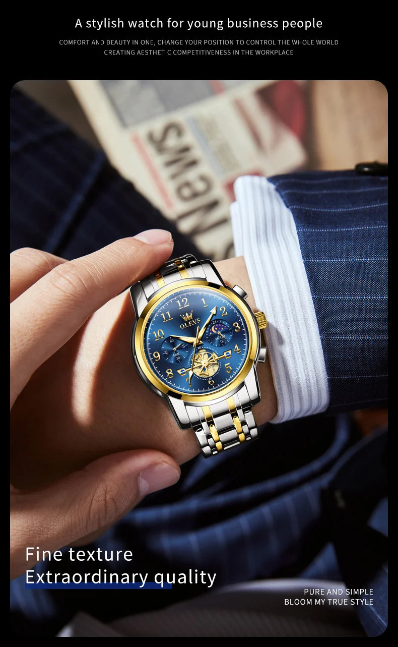 OLEVS 2900 Mens Watch Original Stainless Steel Watches For Men Calendar Moon Phase Quartz Watch Chronograph Freebie Reloj