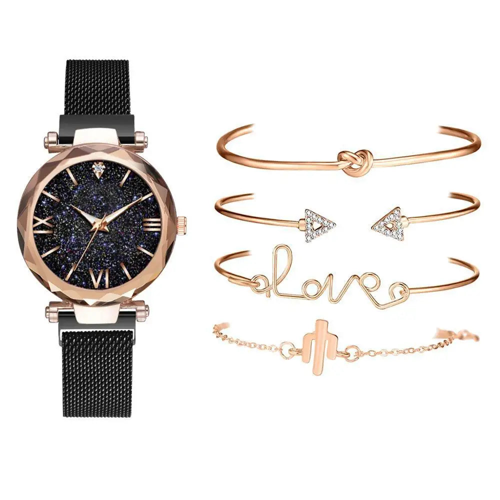 5pcs Set Womens Watches Set Ladies Fashion Watch Black Female New Simple Casual Womens Analog WristWatch Bracelet Gift No Box
