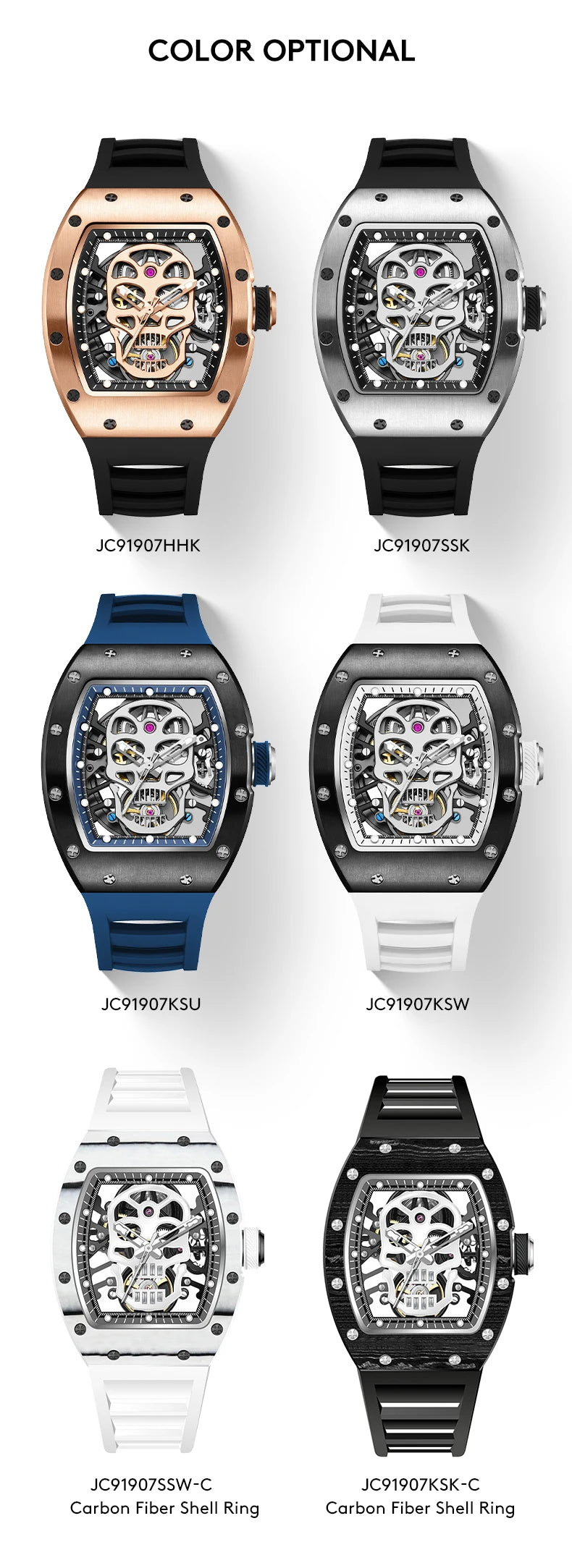 Unique Men Watch Tonneau Casual Wristwatch Soft Silicon Band Fashion Men's Wrist Watches Hollow Out Analog Automatic Watches