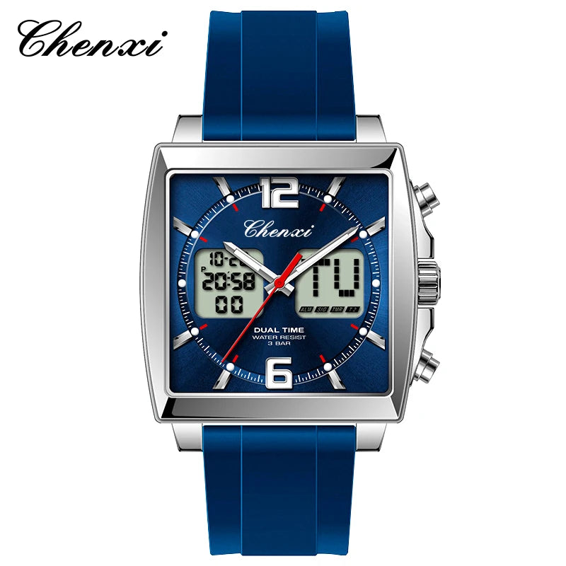Fashion Casual Men Sports Watch Square Dial Dual Time CHENXI Watches Silicone Strap Waterproof Multifunction Wristwatch Male
