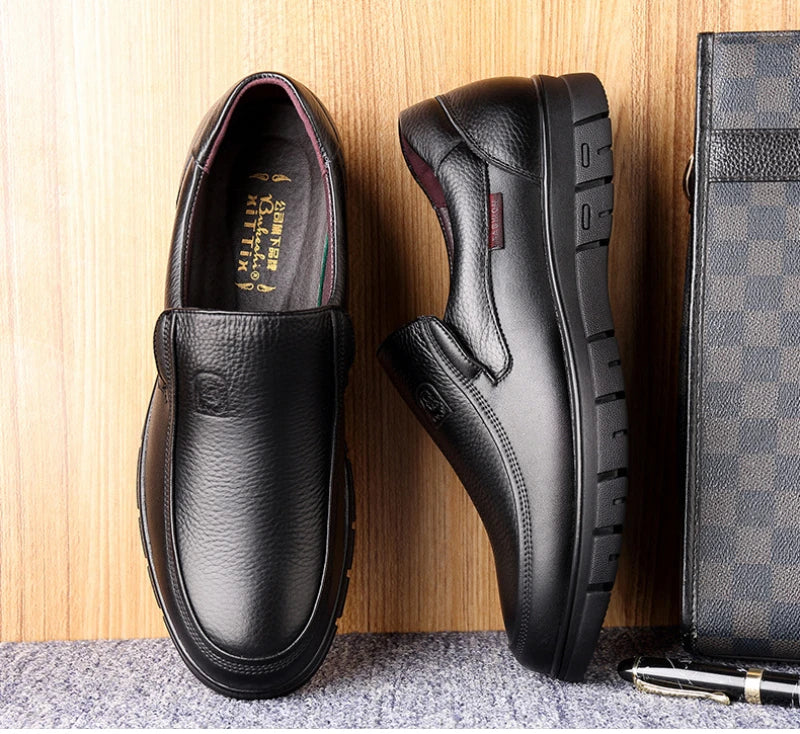 Mens Black Genuine Leather Slip On Loafers Soft Cushioned Sole Comfortable Business Casual Shoes For Middle Aged Dad Daily