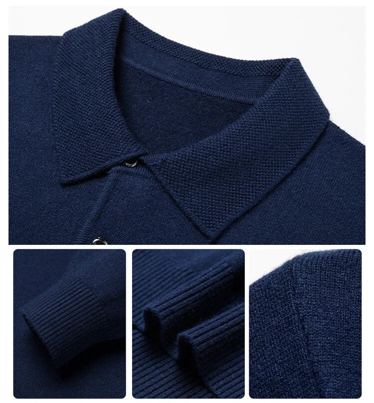 Autumn and Winter New Warm Soft Pullover Men's Business Lapel Knitwear Casual Solid Color Long Sleeve Polo Shirt Office