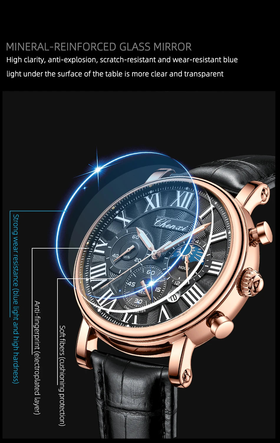 CHENXI Multifunction Men's Watches Business Roman Numerals Leather Strap Quartz Man Watch Chronograph Moon Phase Calendar