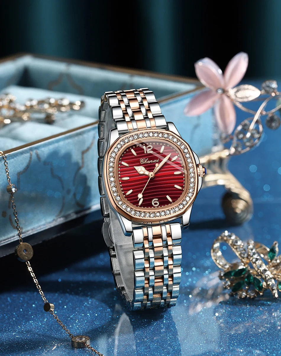 CHENXI Luxury Elegant Watches For Woman Fashion Diamond Dial Quartz Watch Ladies Rose Gold Wristwatch Waterproof Luminous