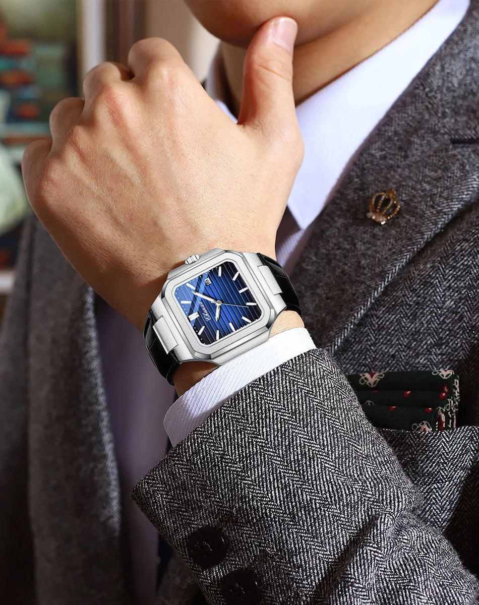New High Quality Leather Man Watches Business Fashion Date Quartz Luxury Square Watch Men's Waterproof Luminous Clock