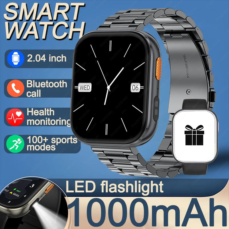 New 1000mAh Large Battery Smartwatch Men Women | 2.04"HD Screen BluetoothCall Heart Rate Monitor Flashlight Sports Fitness Watch
