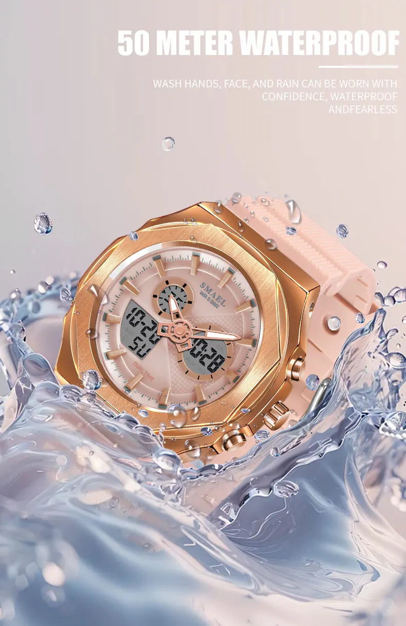 SMAEL Sport  Watches Women  50M Waterproof Lady Watches Pink Lover Gifts 8102 Dual Time Diaplay Watches Digital LED Back Light
