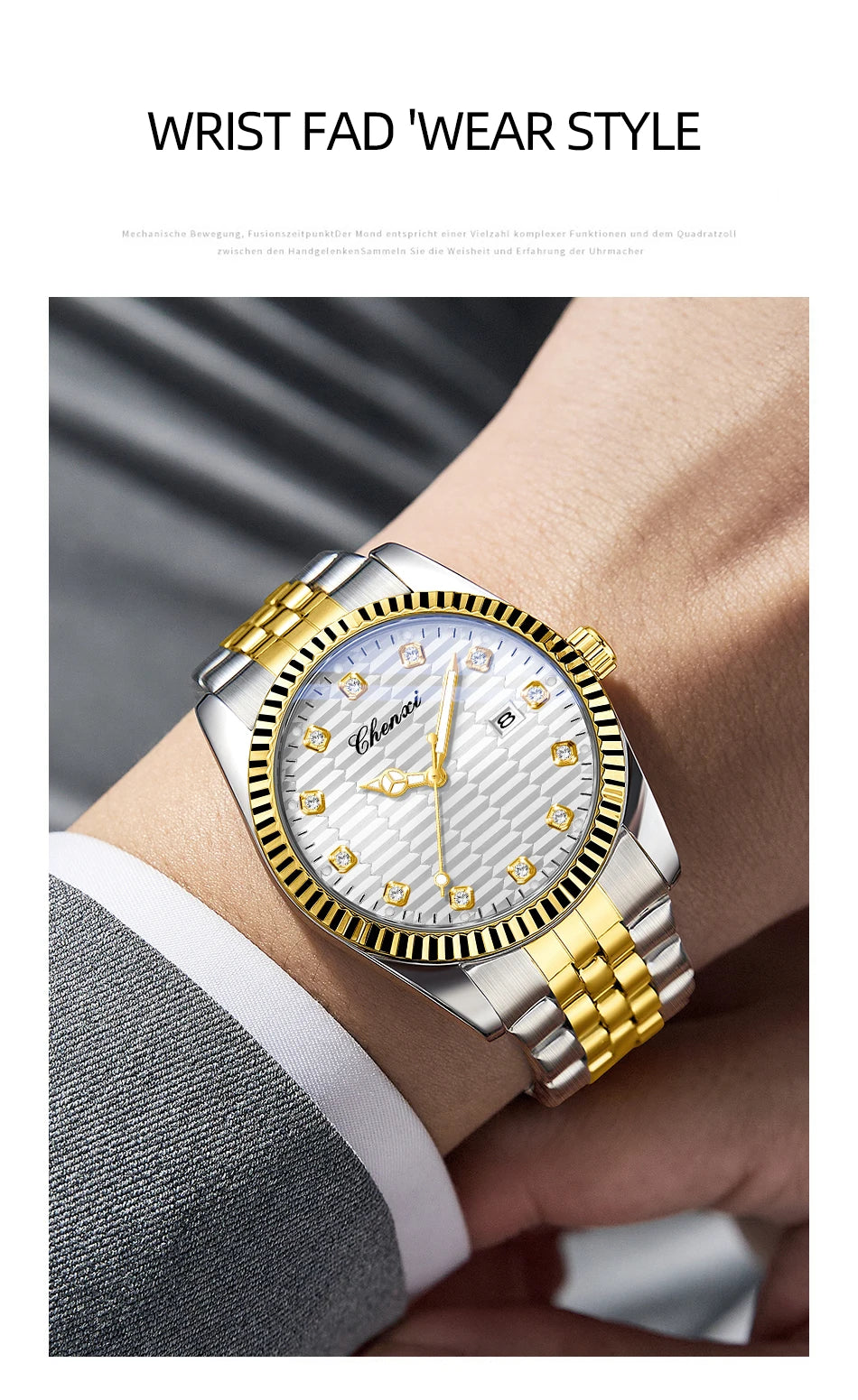 CHENXI Man Watch Classic Fashion Gold Quartz Steel Strap Watches Men Diamond-Set Round Luminous Water-Resistant Date