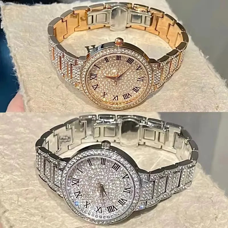 Fashion Luxury Rhinestone Watch Women Sparkling Quartz Timepiece with Stainless Steel Strap Wristwatch Roman Scale Quartz Watch