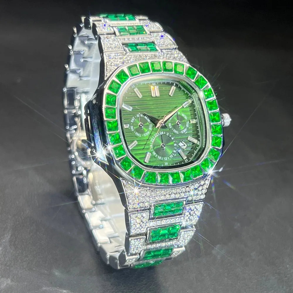 MISSFOX Luxury Watch For Men Green Sliver IcedOut Diamond Hip Hop Quartz Waterproof Clock Men Square Diamond Male Watch 2025 New