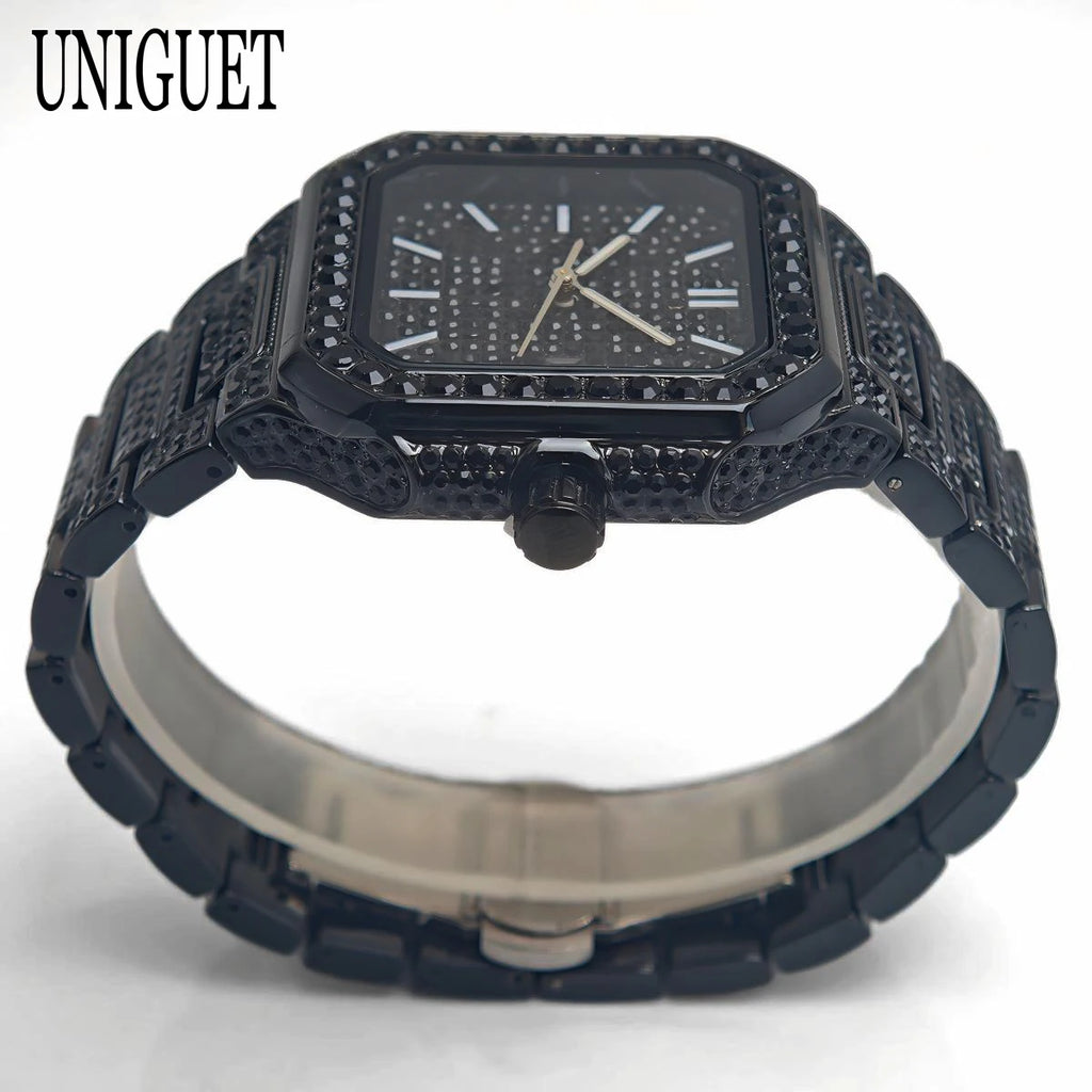 2025 New Black Iced Watch For Men Brand UNIGUET Fashion Waterproof Quartz Watch Man Hip Hop Diamond Jewelry Square Wristwatch