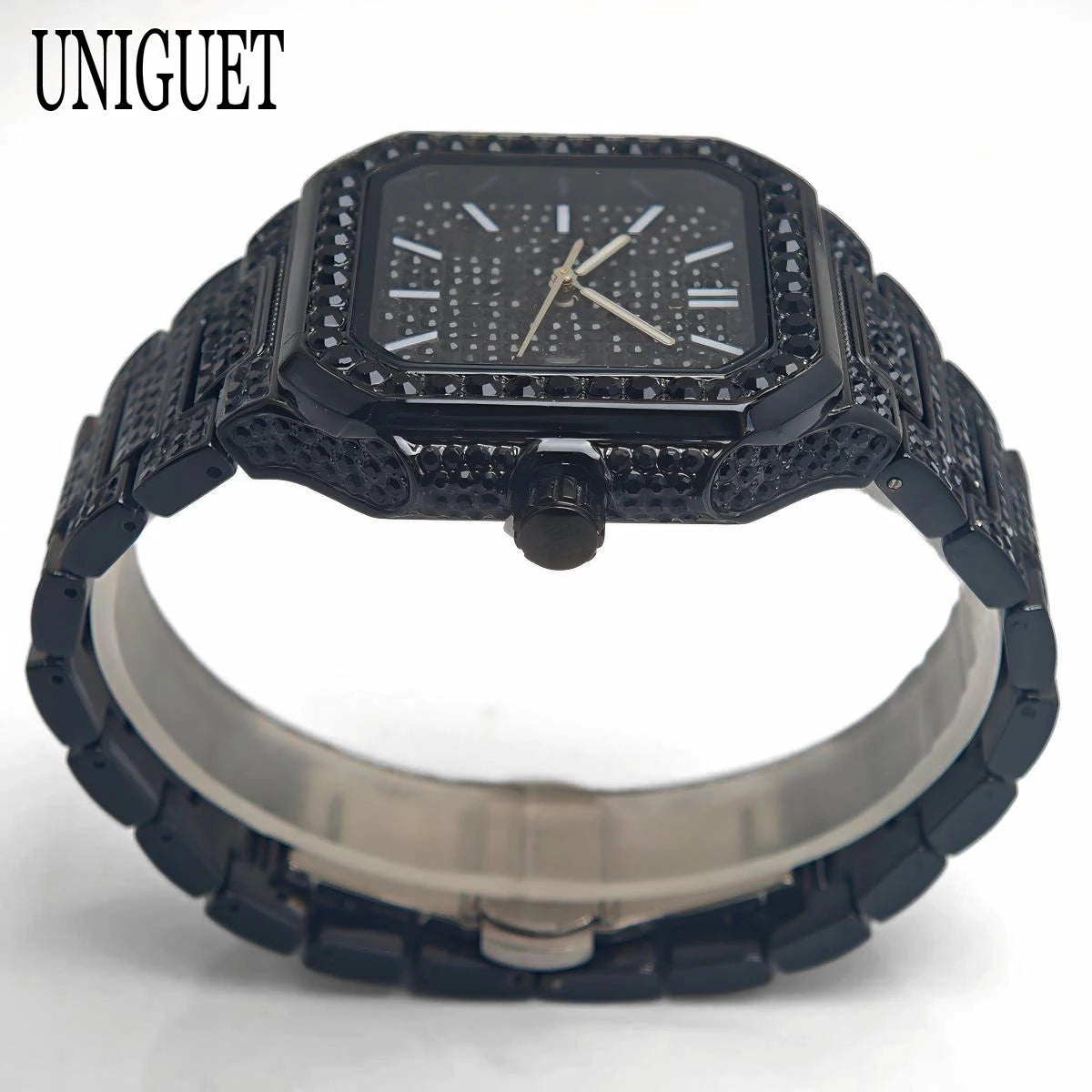 2025 New Black Iced Watch For Men Brand UNIGUET Fashion Waterproof Quartz Watch Man Hip Hop Diamond Jewelry Square Wristwatch