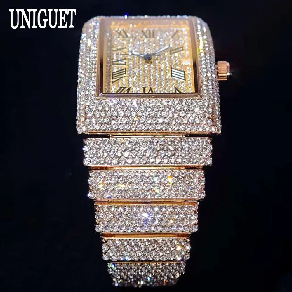 Fashion Rose Watch For Men Luxury Stainless Street Hip Hop Ice Diamond Rectangle Wristwatch Male With Calendar Rlógios Masculino
