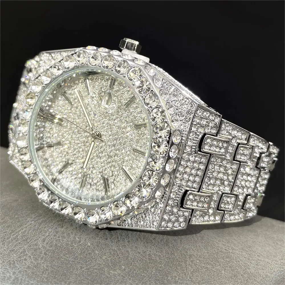 UNIGUET Cool Black Watch For Men Luxury Stainless Steel Quartz Watches Fashion Hip Hop Iced Diamond Wristwatch Man Dropshipping