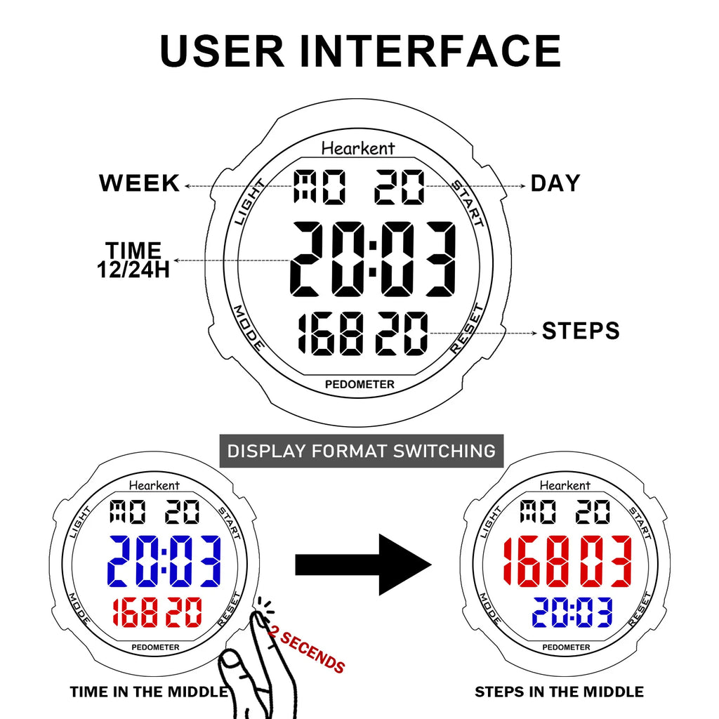 Hearkent Pedometer Watch Men's Digital Watch No Bluetooth Sport Watches Step Calories Counter Walking Fitness Tracker Wristwatch