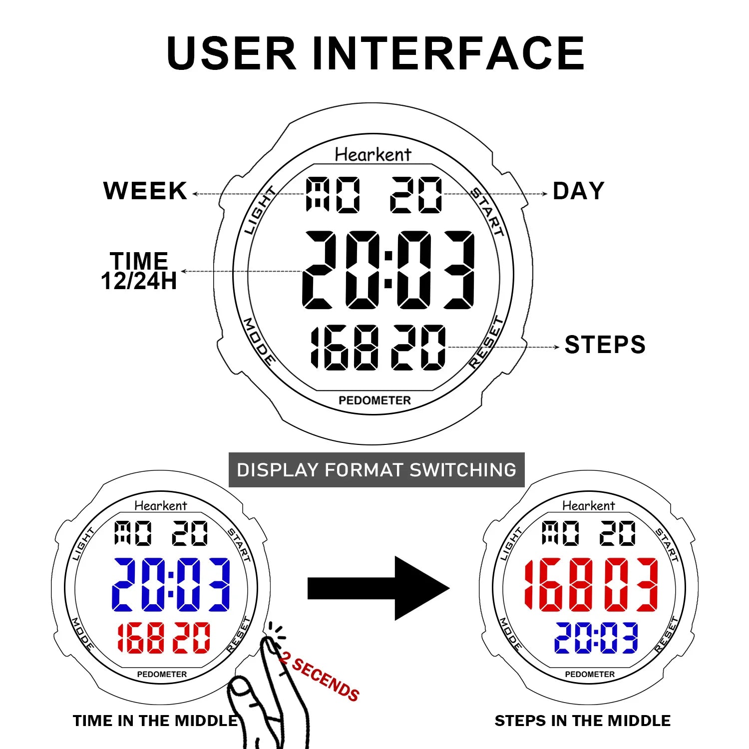 Hearkent Pedometer Watch Men's Digital Watch No Bluetooth Sport Watches Step Calories Counter Walking Fitness Tracker Wristwatch