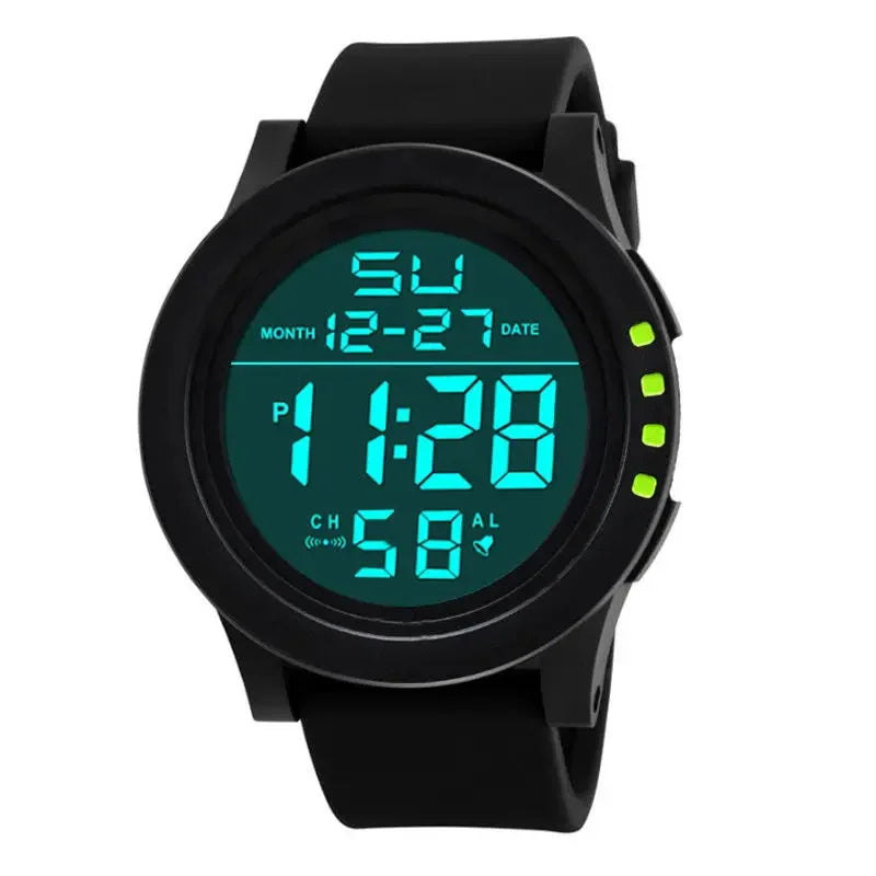 Mens Women Digital Watch Big Dial Light LED Swim Waterproof Rubber Band Alarm Black LED Watches