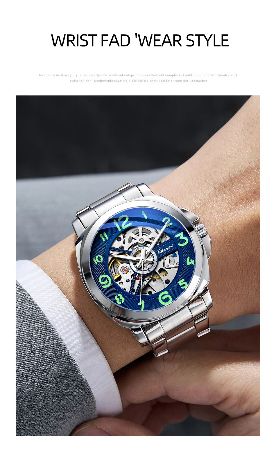 CHENXI New Mechanical Men's Watches Large Openwork Dial Fashion Luminous Waterproof Fully Automatic Mechanical Watch Man