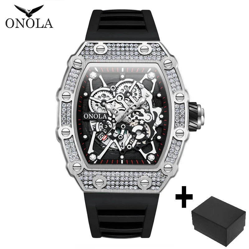 ONOLA Fashion Watch For Men Automatic Date Sports Silicone Strap Tonneau Clock Iced Diamond Quartz WristWatch Reloj Dropshipping