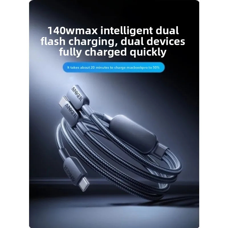 ANKER 2in1 USB-C To USB-C Braided 140W Dual Head Fast Charging High-power Data Cable-A8895 Suitable for IPhone16/PC/iPad Android