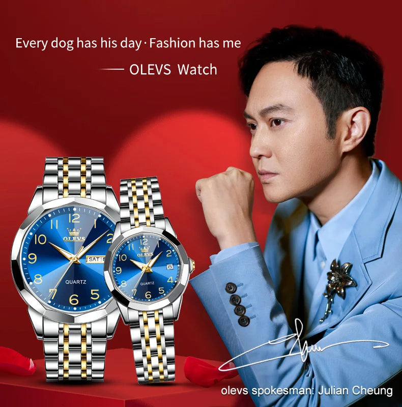 OLEVS 9970 Couple Watch For Men Women Luxury Number Dial Rhombus Mirror Quartz Hand Clock Stainless Steel Original Dress Watches