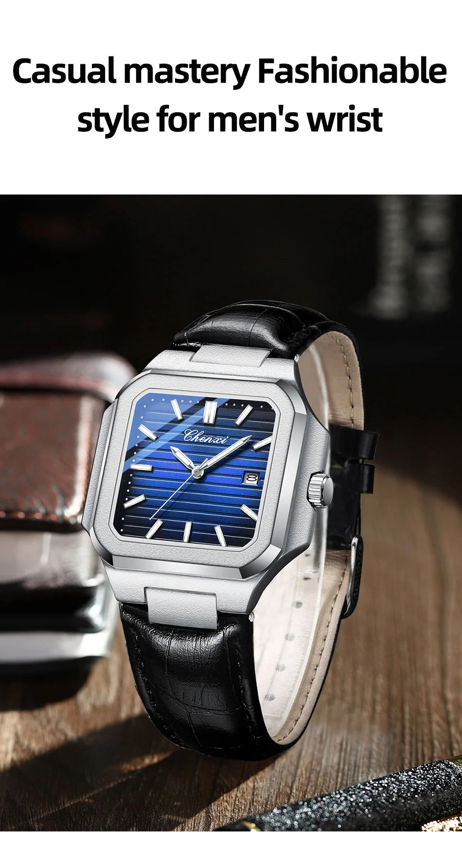 New High Quality Leather Man Watches Business Fashion Date Quartz Luxury Square Watch Men's Waterproof Luminous Clock