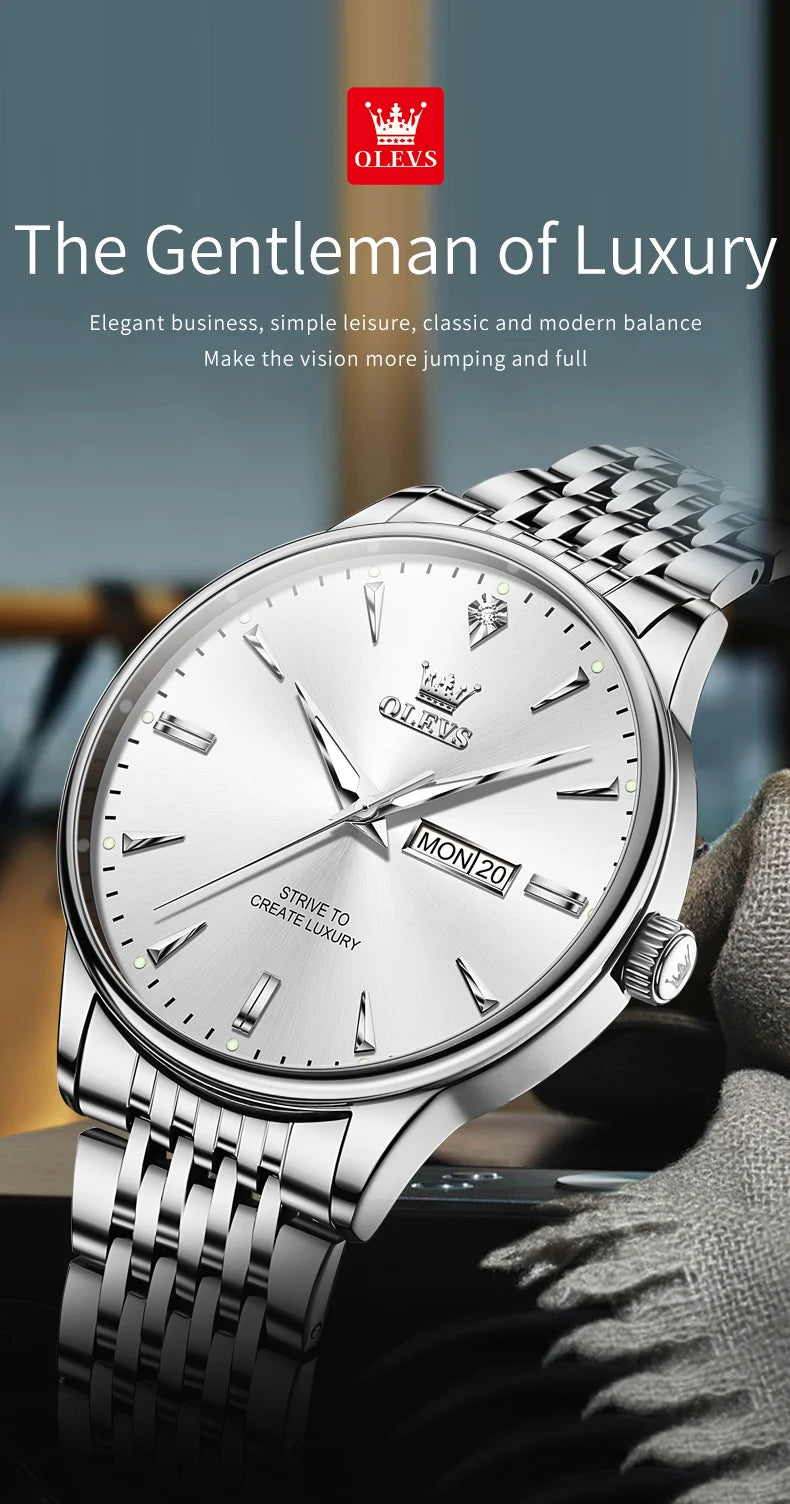 OLEVS 2929 Men Quartz Watch Original Waterproof Business Man Wristwatch Steel Strap Dual Calendar Luminous Fashion Watch For Men