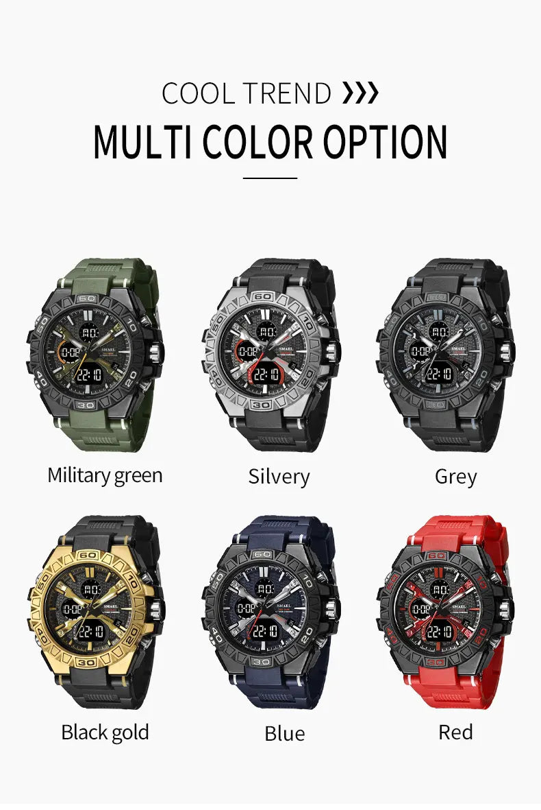 New Men Fashion Watches Quartz Watch Waterproof 50M Man Digital Watch Led 8071 Smael Brand Watch Military Sports Dual Display