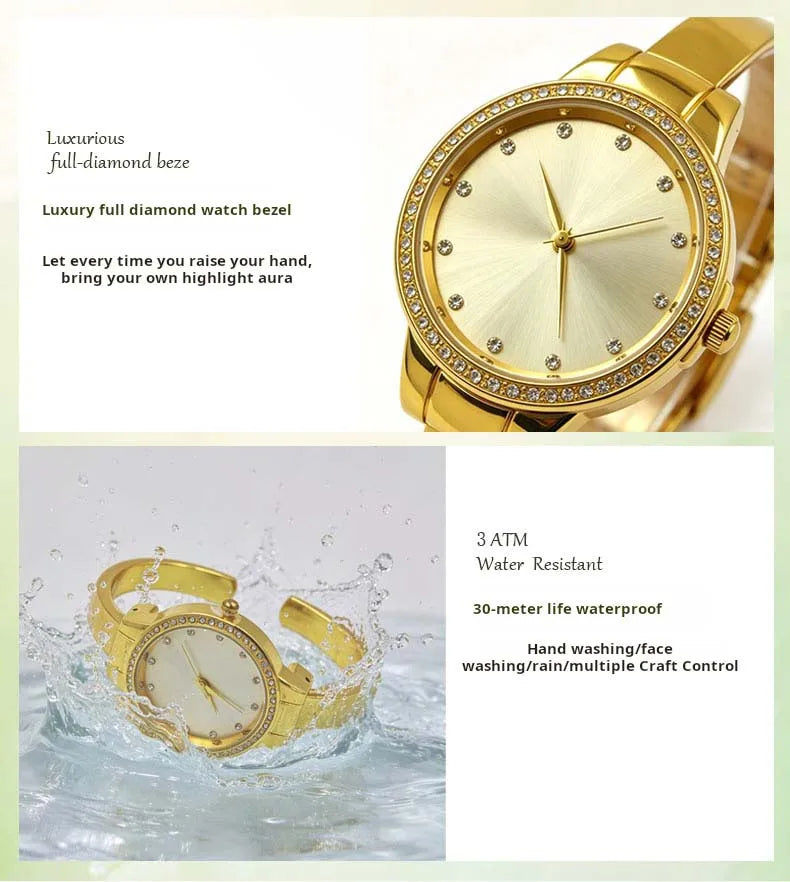 Fashionable Women's Watch Diamond-Set Round Classic Bangle Watch with Rhinestone Markers—Simple Elegant Luxe-Style Quartz Watch