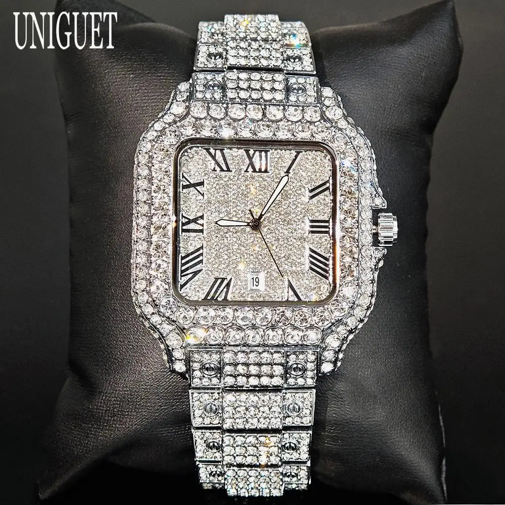 UNIGUET Hot Sale Luxury Iced Watch for Man Fashion Square Watches Men Hip Hop Diamond Bling Jewelry Wristwatch Reloj Hombre