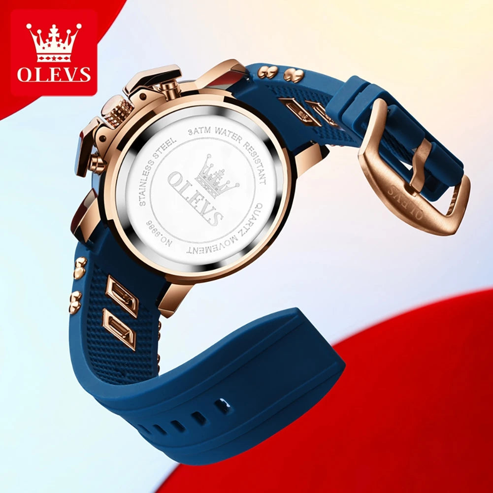 OLEVS 51mm Large Dial Quartz Watch for Men Silicone Strap Waterproof Luminous Auto Date Chrono Roman Numeral Scale Men's Watches